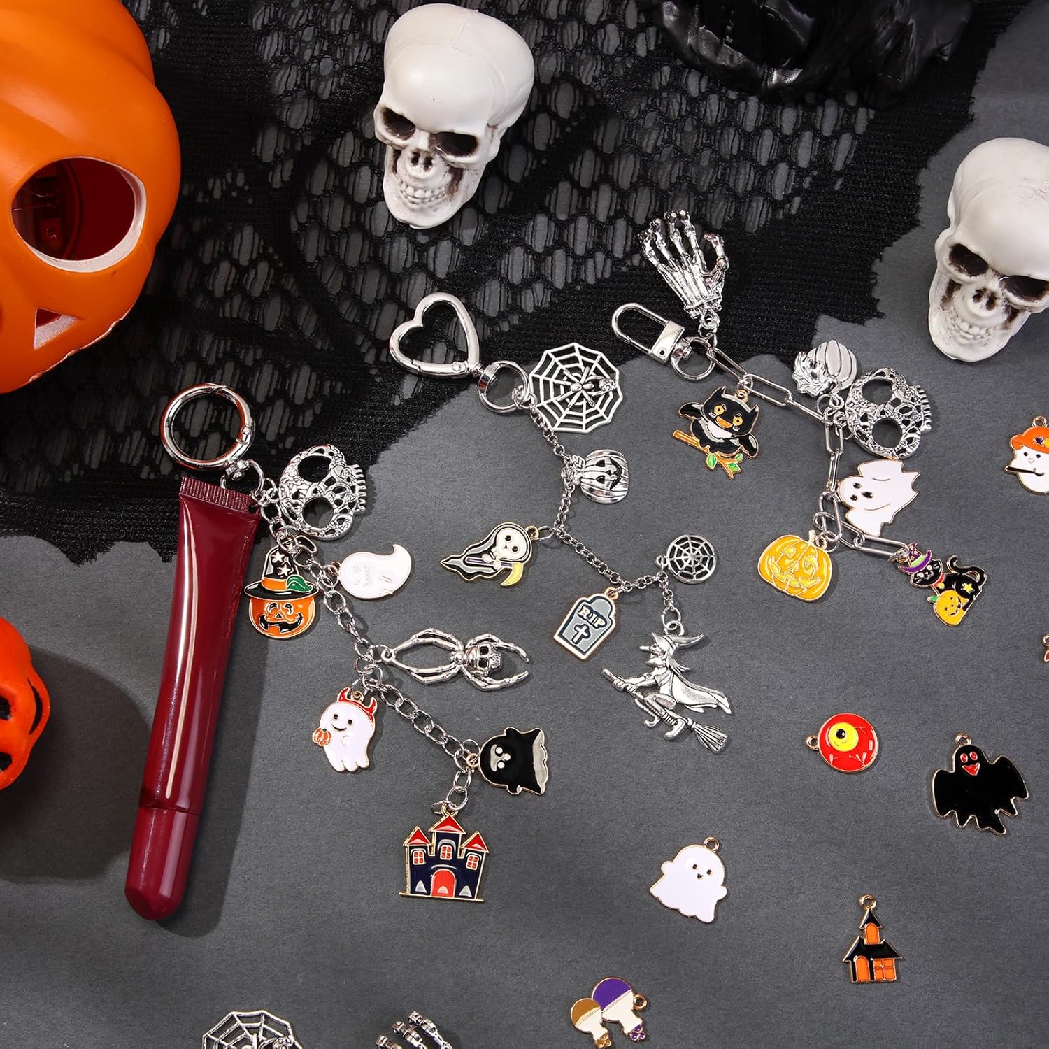 Liliaafar 746 Pcs Halloween Lip Gloss Charm Keychain Making Kit 180 Assorted Halloween Ghost Pumpkin Bat Witch Hat Charms 30 Keychain Clips 3 Roll Extender Chain Jewelry Plier for DIY Crafts - Image 5