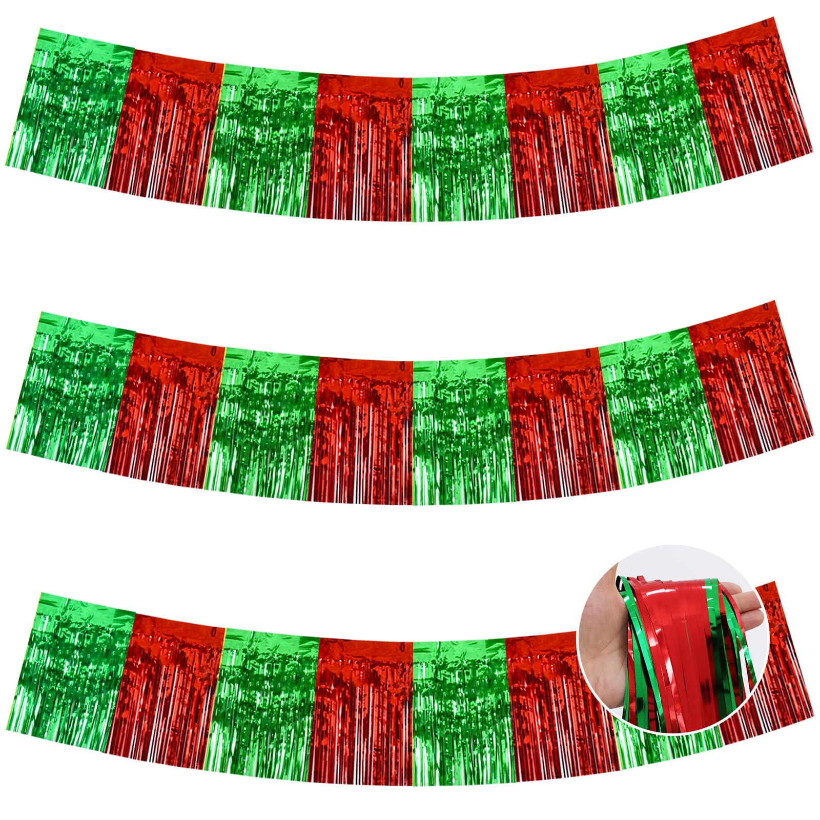 BEISHIDA 3 Pack Red Green Foil Fringe Garland 30ft Wall Tinsel Banner