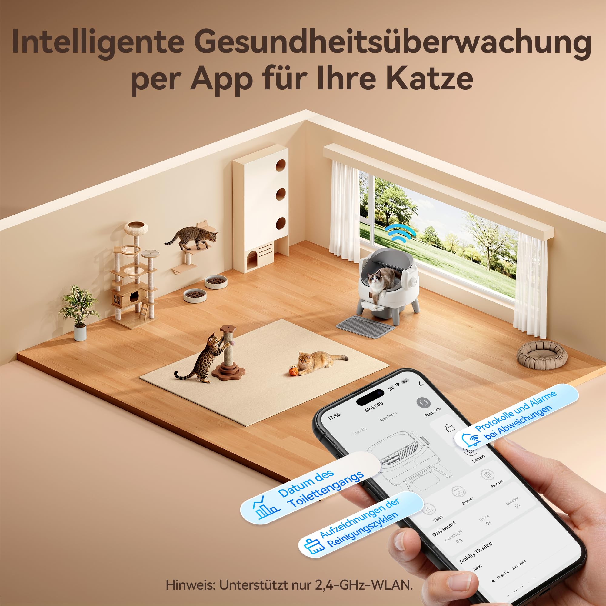Thereye Selbstreinigende Katzentoilette mit Einstiegstufe,Katzenklo Selbstreinigend Offenes mit App-Steuerung,11-facher Sicherheitssensor,Sicherer Einklemmschutz,Geruchsbeseitigung für mehrere Katzen