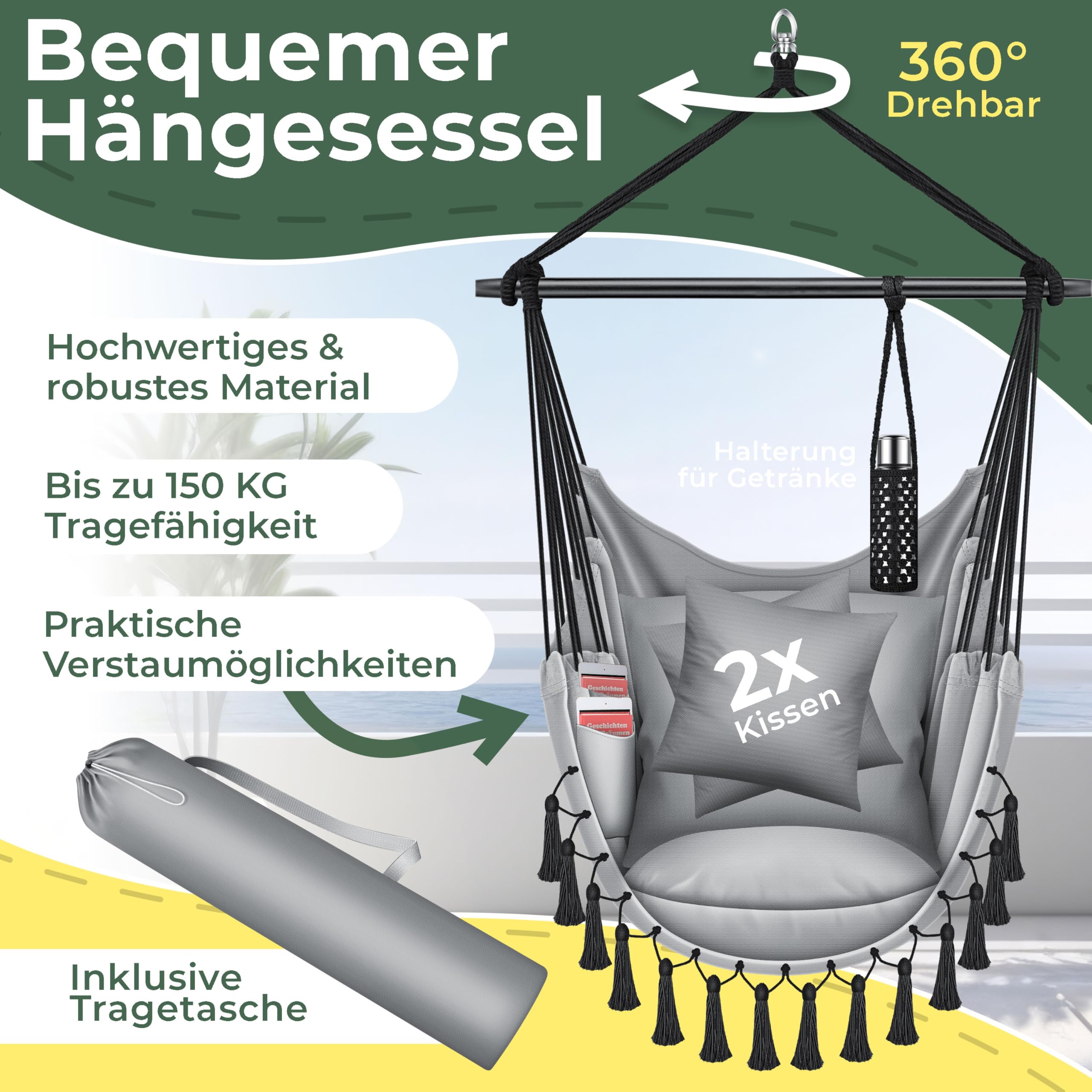 KESSER® Hängesessel Safari XXL Hängestuhl für Erwachsene & Kinder Hängematte bis 150 kg Hängesitz Aufhängung Indoor-Outdoor-Wohnen Inkl. Tragetasche, 2 Kissen, Getränkehalter & Bücherfach, Grau