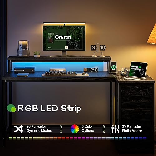 Miniatura 3 de EnHomee Escritorio para juegos en forma de L con luces LED y toma de corriente, escritorio de computadora de 40 pulgadas con cajones, escritorio