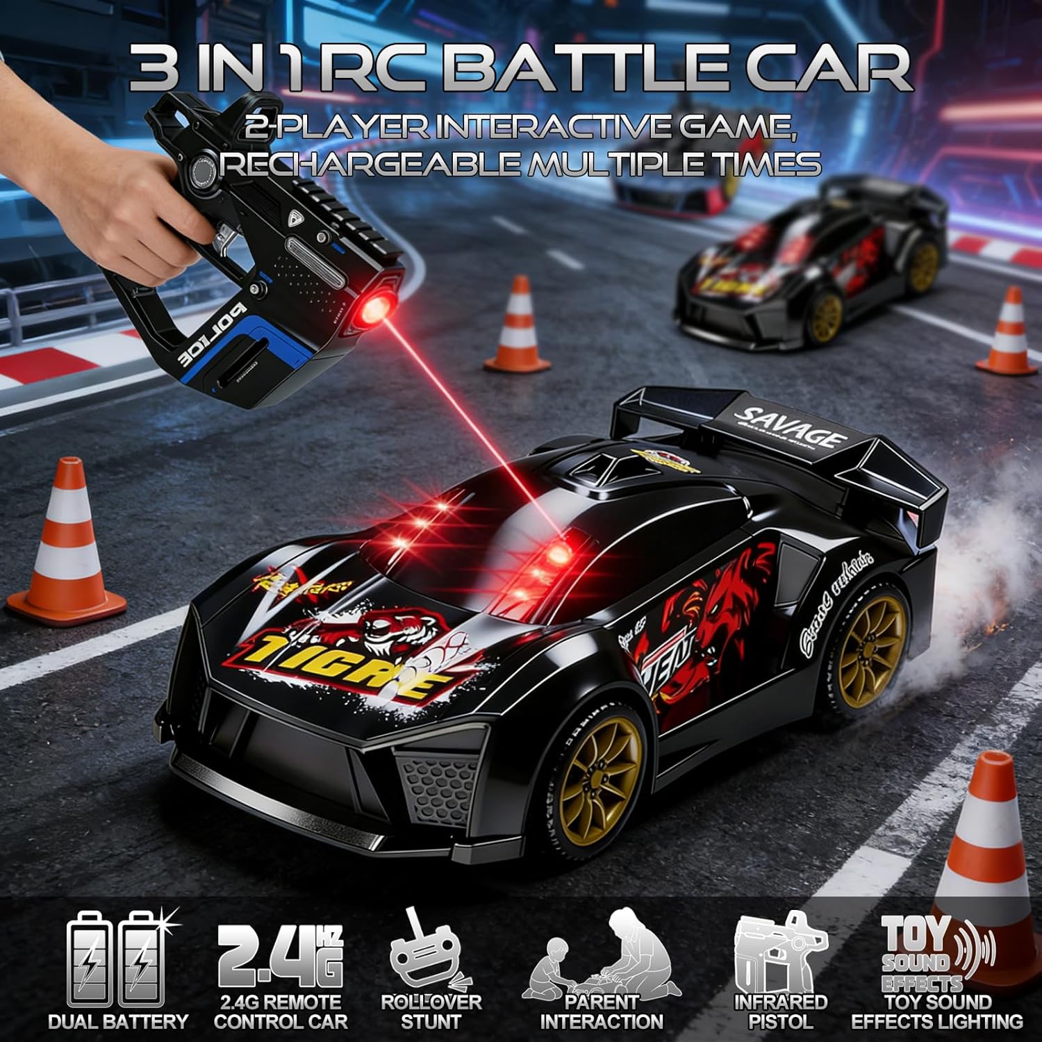 Remote Control Car with Shooting Game, 3 IN 1 Parent-Child Drift RC Car 2.4GHz Stunt Toys with Infrared Gun, Christmas Birthday Gifts for 3 4 5 6 7 8 9 10 Year Old Kids Boys Girls Age 4-7 8-12 (Black)