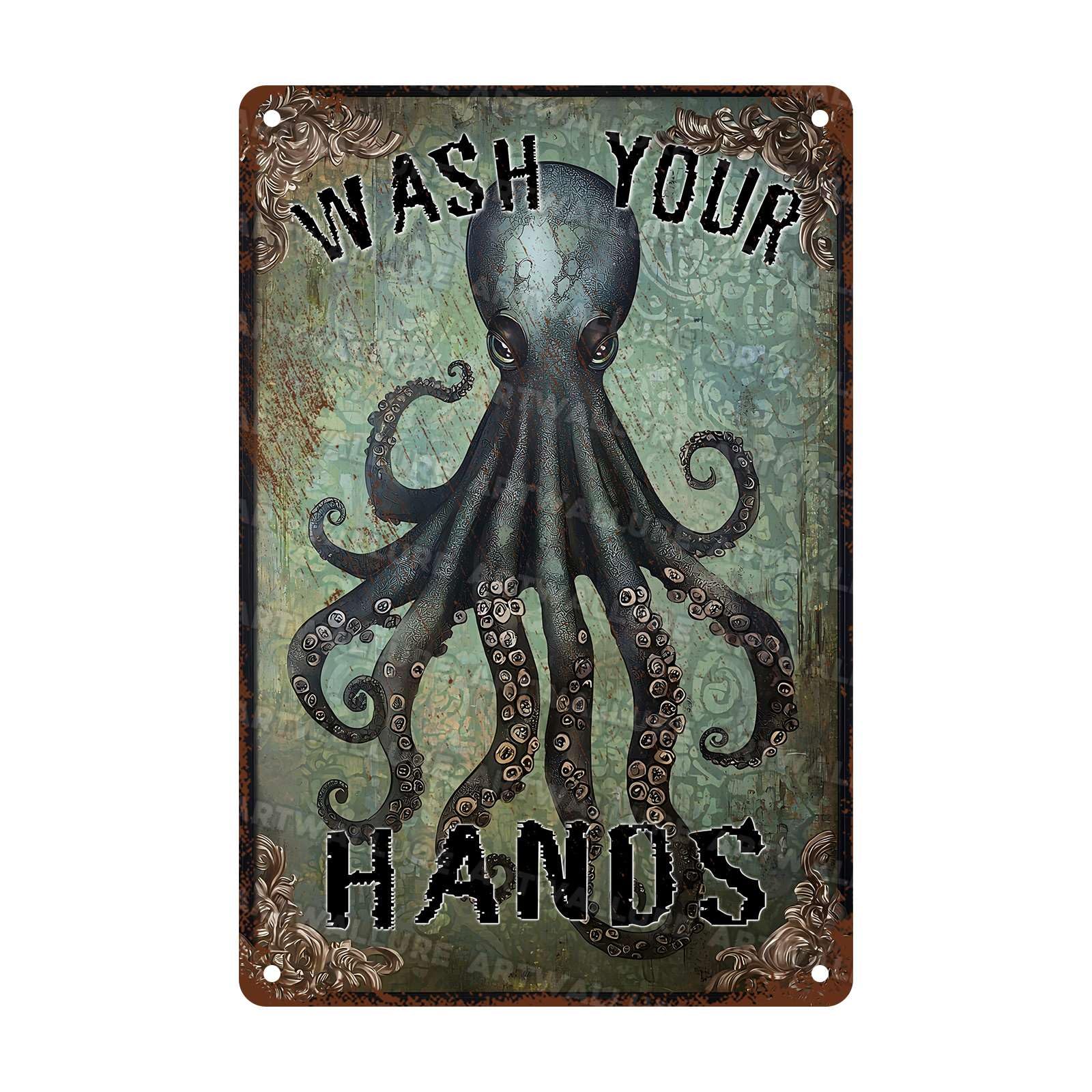 Funny Octopus Vintage Tin Sign Wash Your Hands Metal Tin Signs Bathroom Signs Restroom Decor Guest Wall Decor 8x12Inch