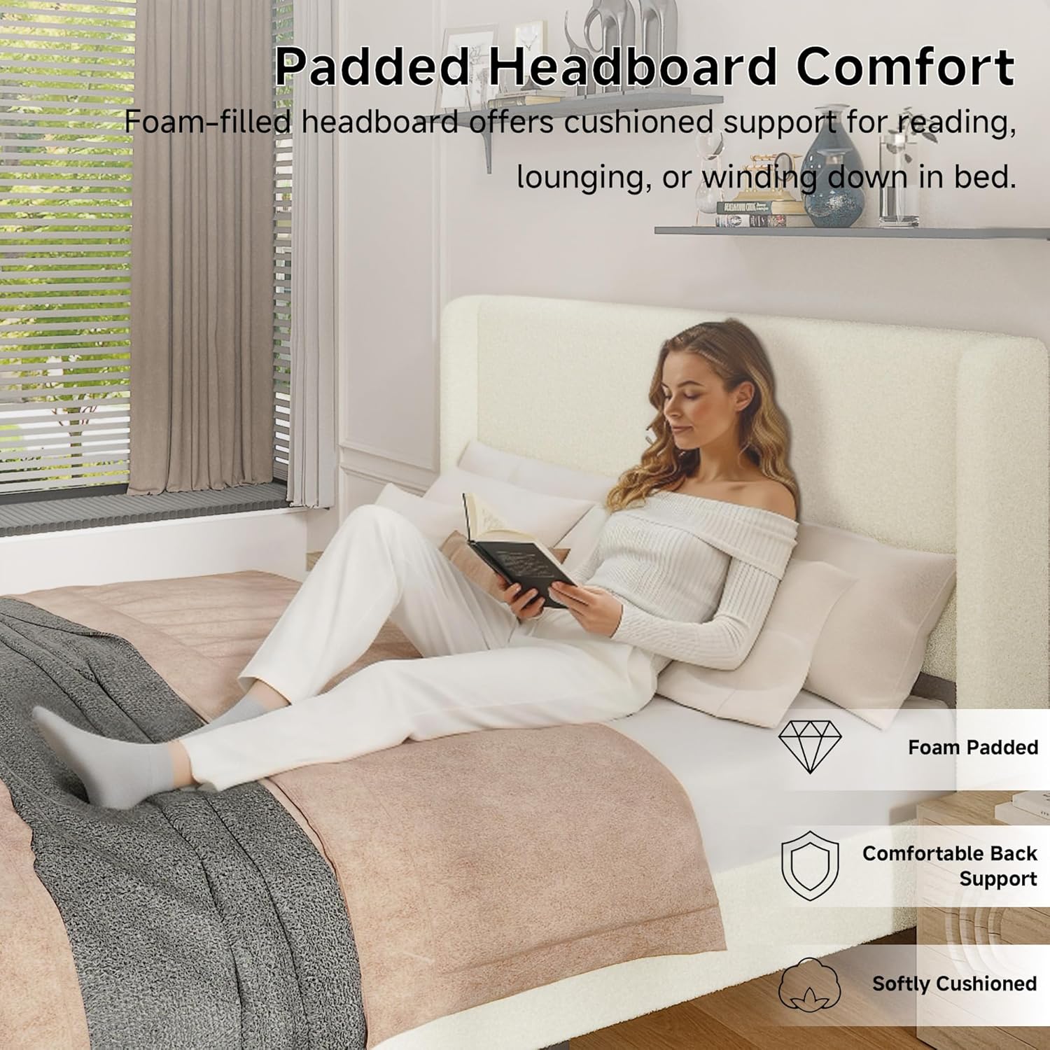 Queen Boucle Upholstered Platform Bed Frame with Adjustable Wingback Headboard, Cloud Bed with Solid Wood Legs, No Box Spring Needed, Easy Assembly, Beige