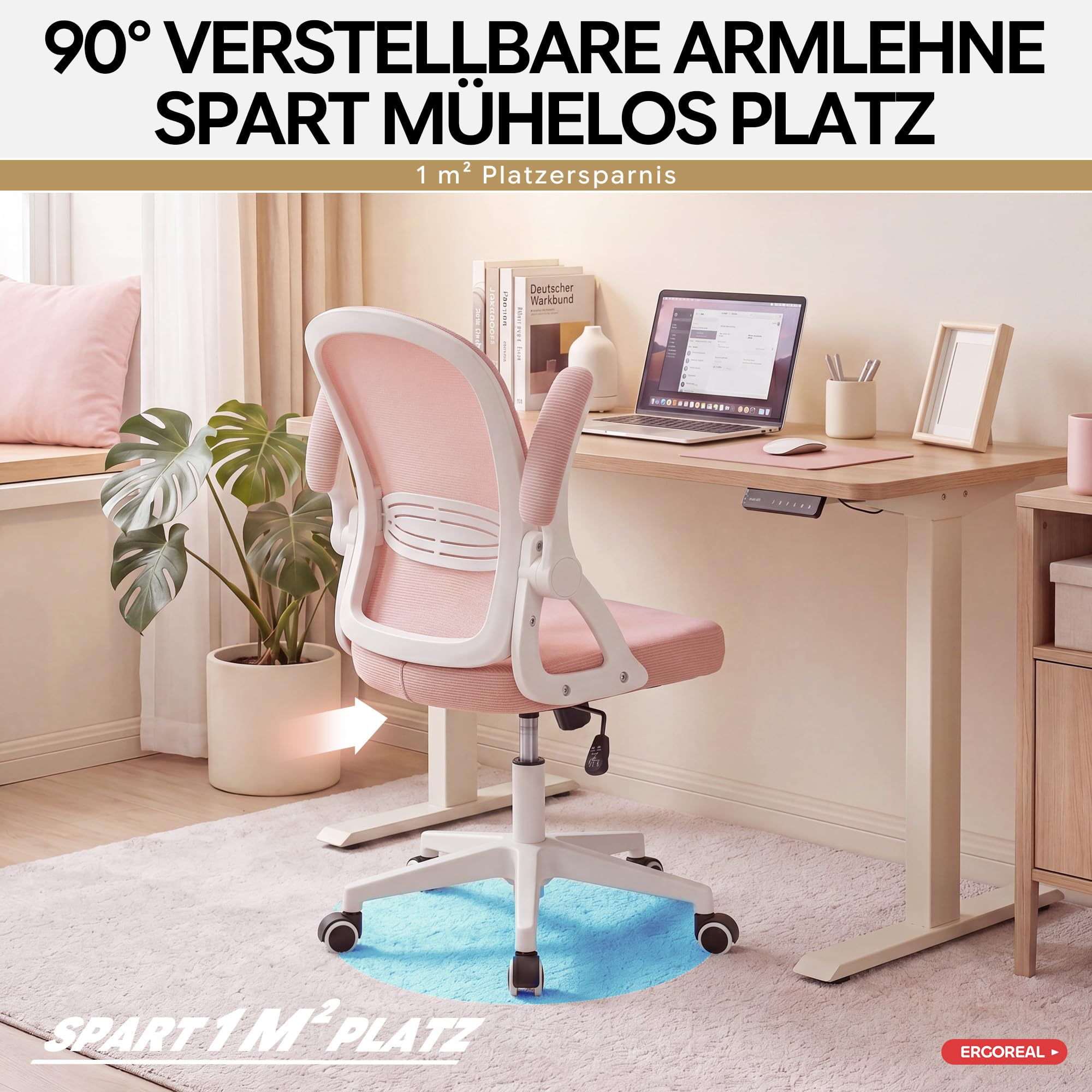 Ergonomischer Bürostuhl, 90-110° Verstellbare Rückenlehne & Aufklappbare Armlehnen (90°), Bürostuhl mit Rollen & Höhenverstellung,Homeoffice & Arbeitszimmer (Kirschblütengrau)