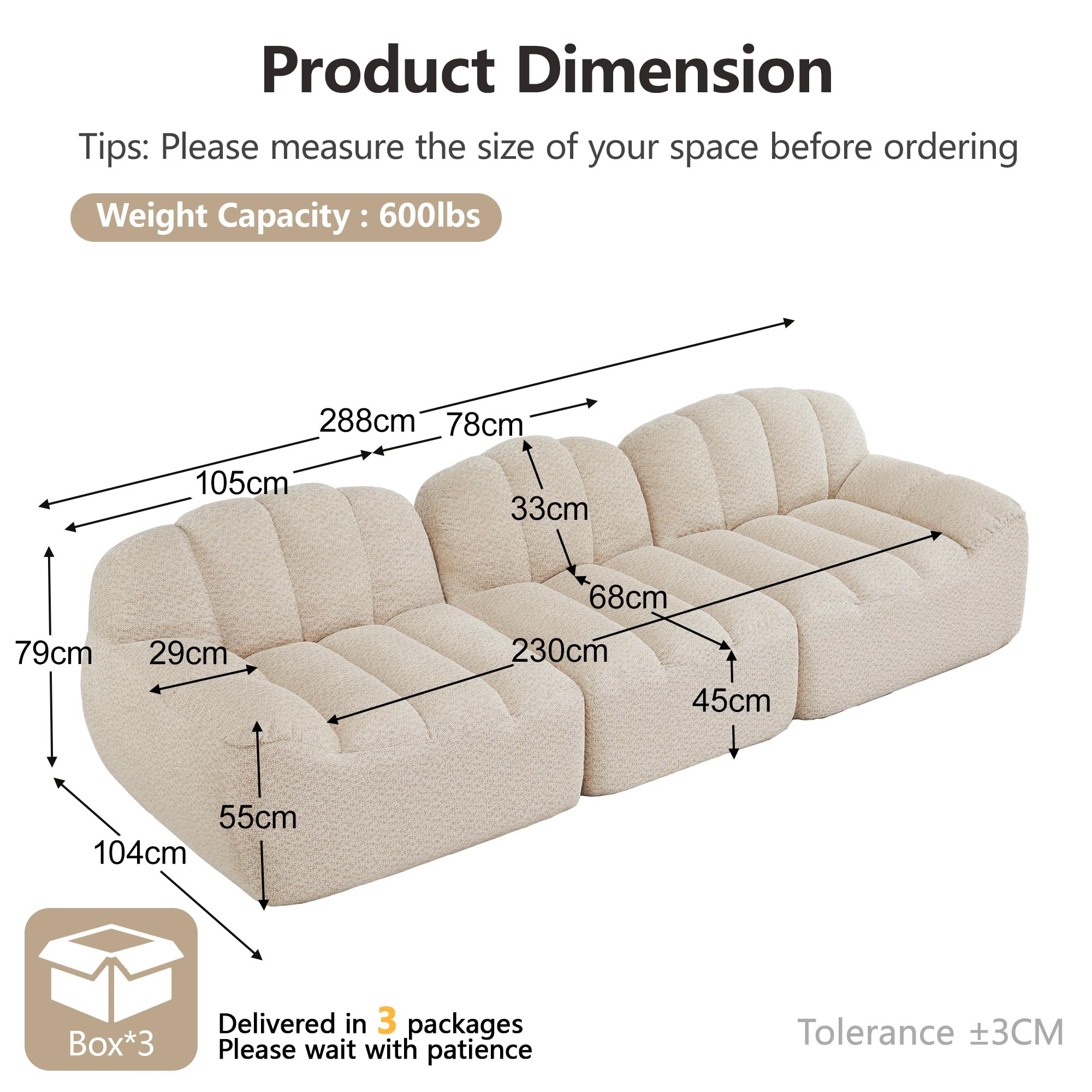 3-Sitzer Modulares Sofa – Boneless Couch aus 32D Hochdichtschaum, Tiefe Sitzfläche, für Wohnzimmer, weicher Cord Stoff – als Cord Sofa mit Schlaffunktion und Bettkasten