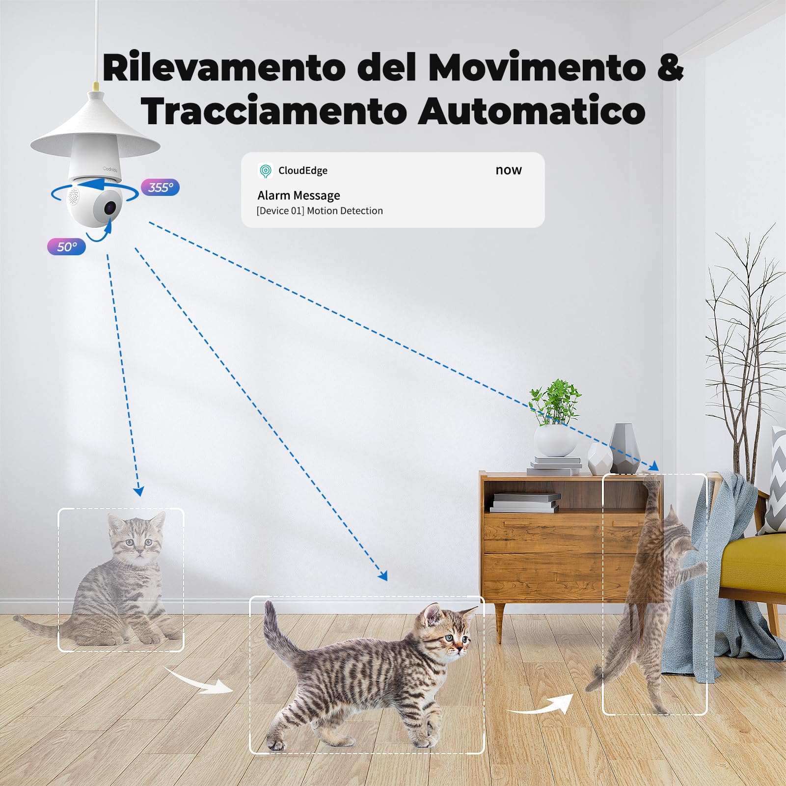 Codnida 2K Telecamera Lampadina WiFi Esterno per E27 Portalampada, PTZ Videocamera di Sorveglianza con Allarme Sonoro e Luminoso, Tracciamento del Movimento, visione notturna a colori, LC323