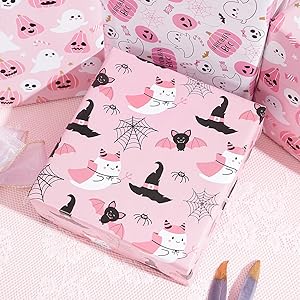 Ulmasinn Pink Halloween Wrapping Paper - Kawaii Spooky - Sweet Gift Wrap with Ghosts, Bats & Watercolor Pumpkins - 20x29-8 Sheets for Gift Bags & Party Favors