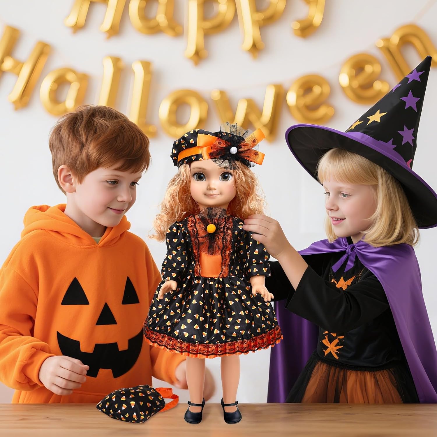 JANYUN 18 Inch Doll Clothes Accessories Halloween Witch Costume Candy Corn Suit Set with Witch Hat Candy Bag for Doll Halloween Costumes Gifts