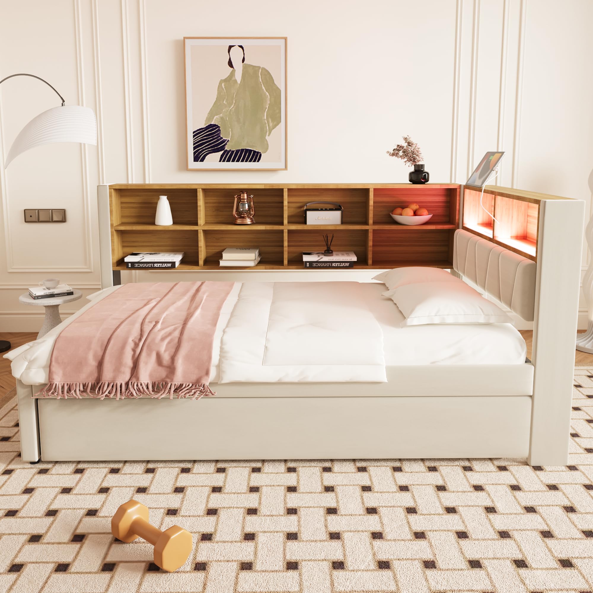 Divano letto 90 x 200 cm, letto estraibile 90 x 190 cm, dotato di LED e numerosi scomparti portaoggetti, letto imbottito, divano letto multifunzione, letto singolo, doppio, flanella (beige