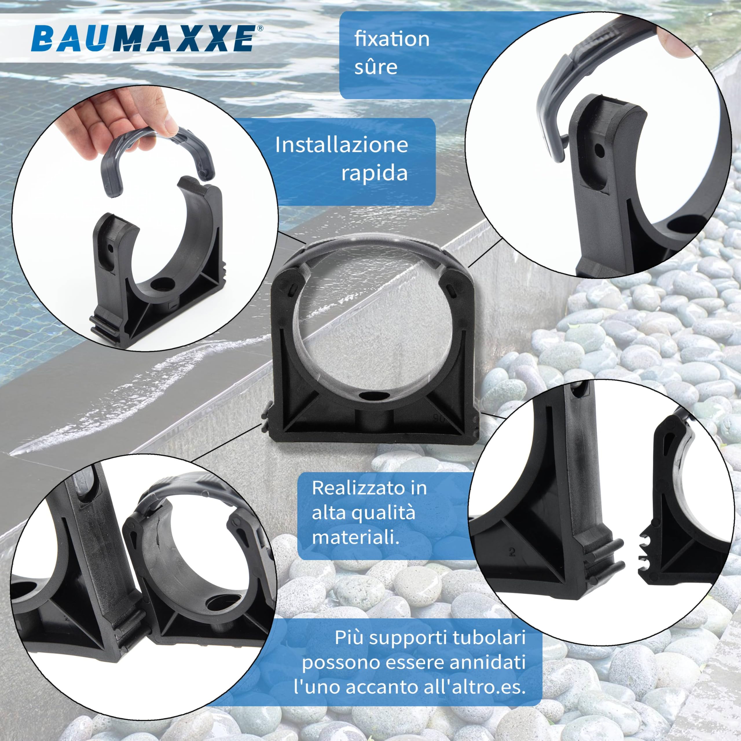 Supporto tubo PVC 110 mm I Fascetta con clip di chiusura e foro per vite in PVC rigido nero I Per tubazioni piscina pressione e aspirazione I Set 10 pezzi I bm052