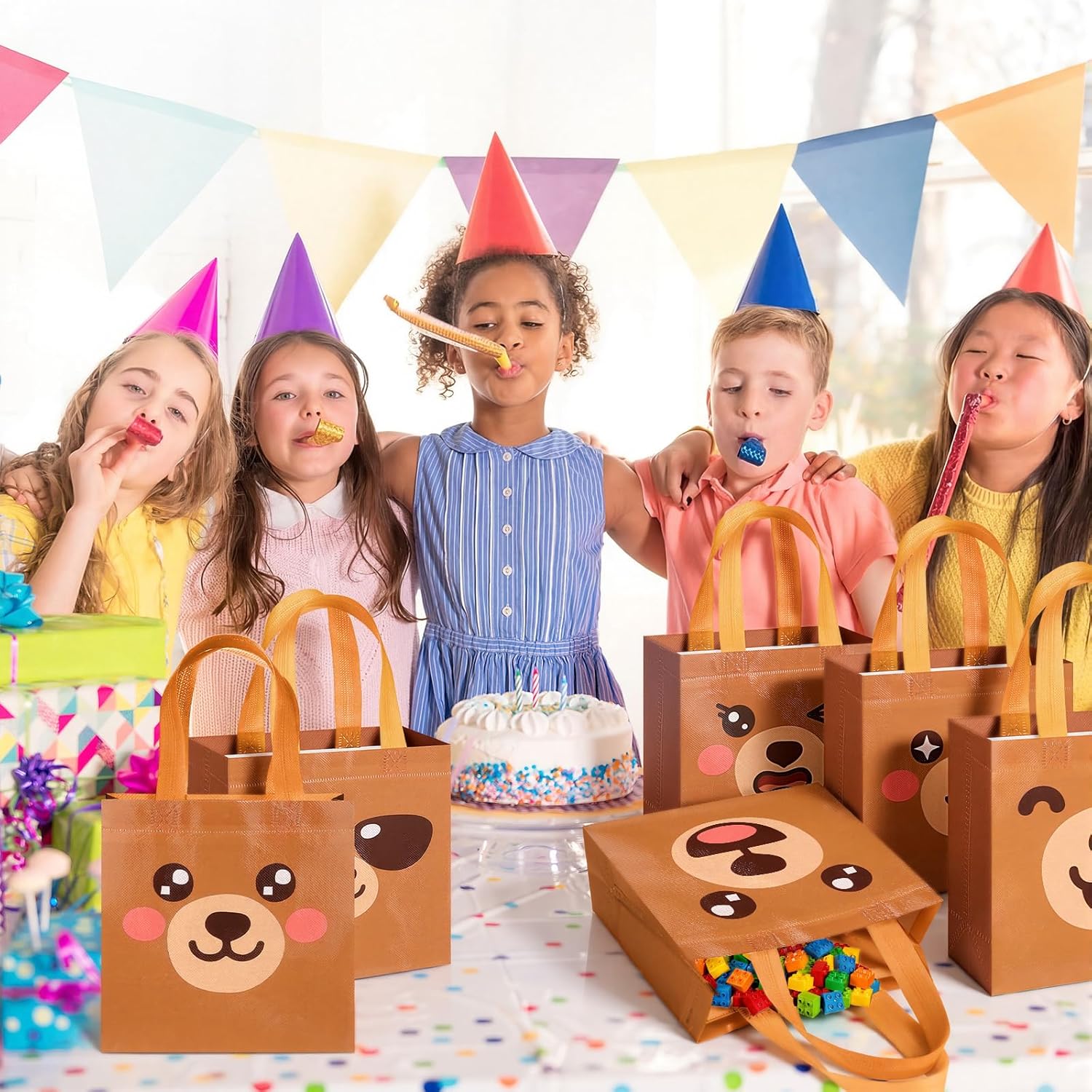 Sweetude 40 Pcs Bear Gift Party Favor Bags with Handle, Non Woven Goodie Bags Birthday Favor for Birthday Baby Shower Packaging Supplies