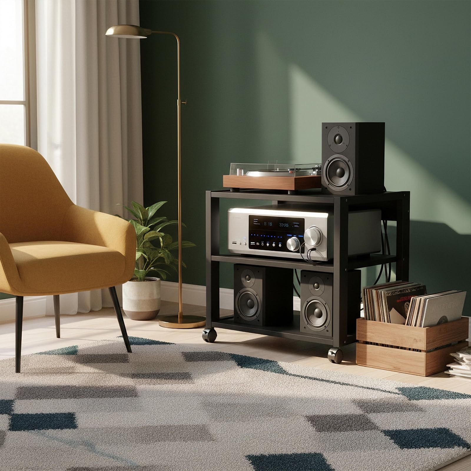 Przenośny stojak HiFi na kółkach, 3-poziomowy regał HiFi na wzmacniacz i gramofon, otwarta konstrukcja zapewnia optymalne odprowadzanie ciepła, stabilny metalowy stelaż, czarny, 50 x 40 x 48,5