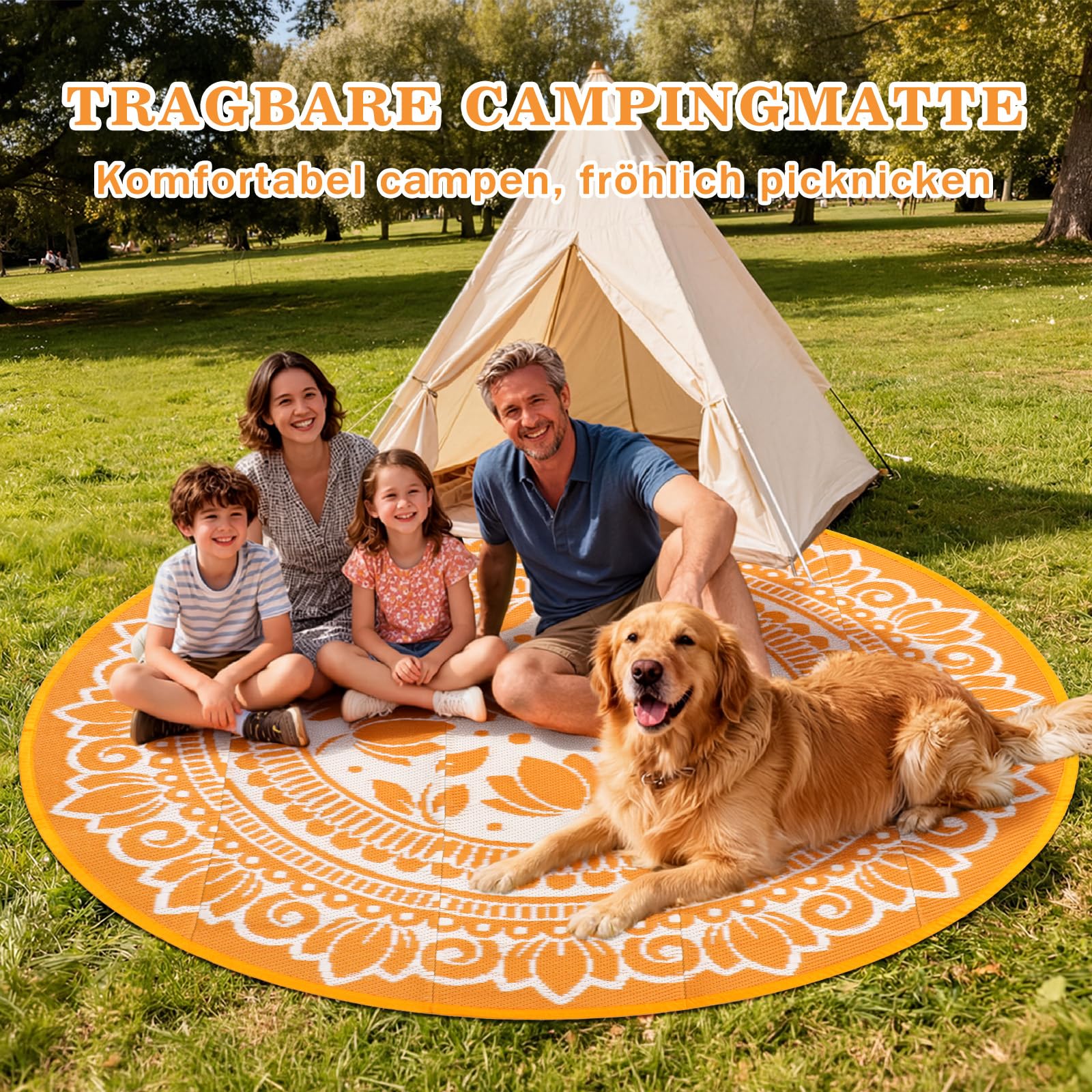 Outdoor Teppich Rund Schwarz 180 cm, Boho Wetterfest Wendbarer Outdoorteppich, Kunststoff Terrassenteppich, UV-beständige Balkon Teppich für RV Camping Deck Patio Strand Garten Picknick Orange