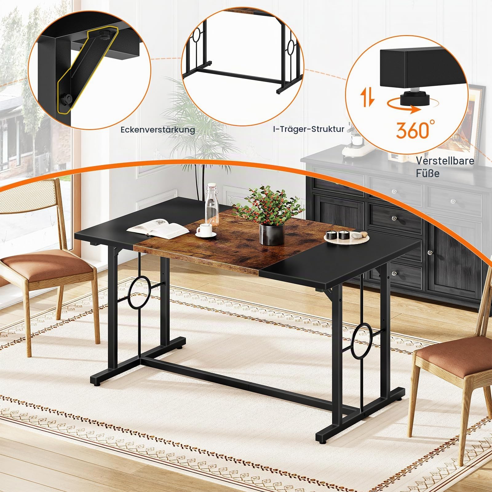 HOOBRO Esstisch, Küchentisch für 4-6 Personen, 140 x 70 cm, Esstisch mit zweifarbiger Tischplatte, Rechteckiger Küchentisch für Esszimmer, Metallbeine Vintagebraun und Schwarz EBF20CZ01