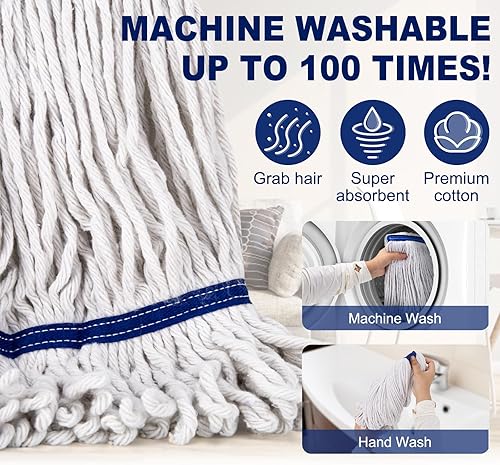 Miniatura 3 de Trapeador industrial comercial de alta resistencia con 2 cabezales de fregona adicionales de repuesto, mopa húmeda de algodón de 59 pulgadas para