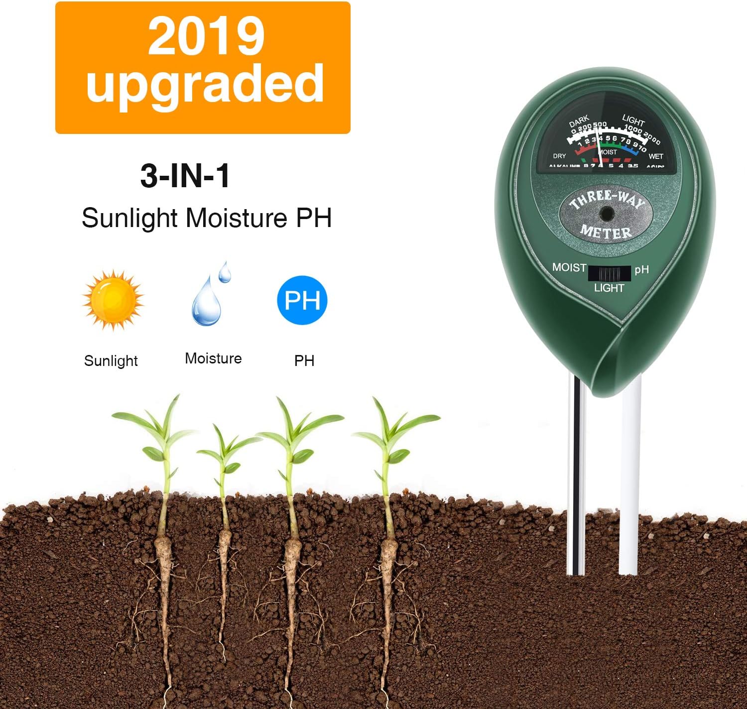 Soil Test Kit pH,3-in-1 Soil Tester Moisture Light Meter for Gardening,Plants,Lawn,Farm,Vegetables,Trees,Grass (No Batteries Required) (Green)