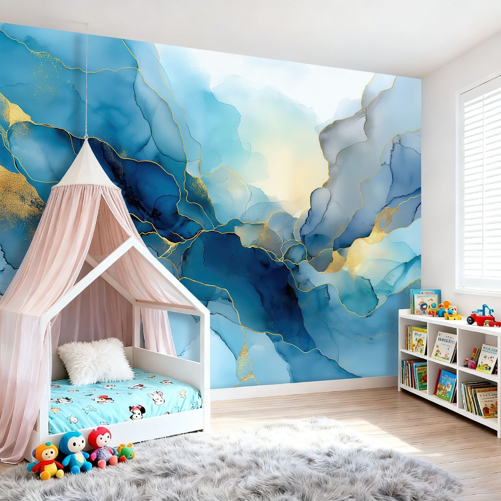 Tapeta z motywem, 250 x 175 cm, sztuka, akwarela, złoty liść, wodoodporna dekoracja ścienna do pokoju młodzieżowego i kącika gamingowego, niebieska