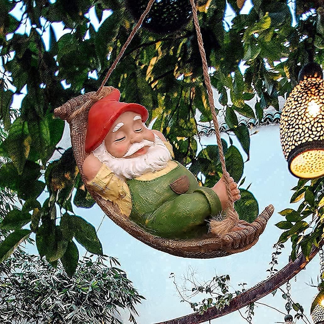 TERESA'S COLLECTIONS Garden Gnome Statue Value Bundle (2pcs) Outdoor Hanging Gnomes Statue & Solar Light Boot Fairy House Garden Sculptures Figurine for Home Lawn Patio Yard Tree Decoration