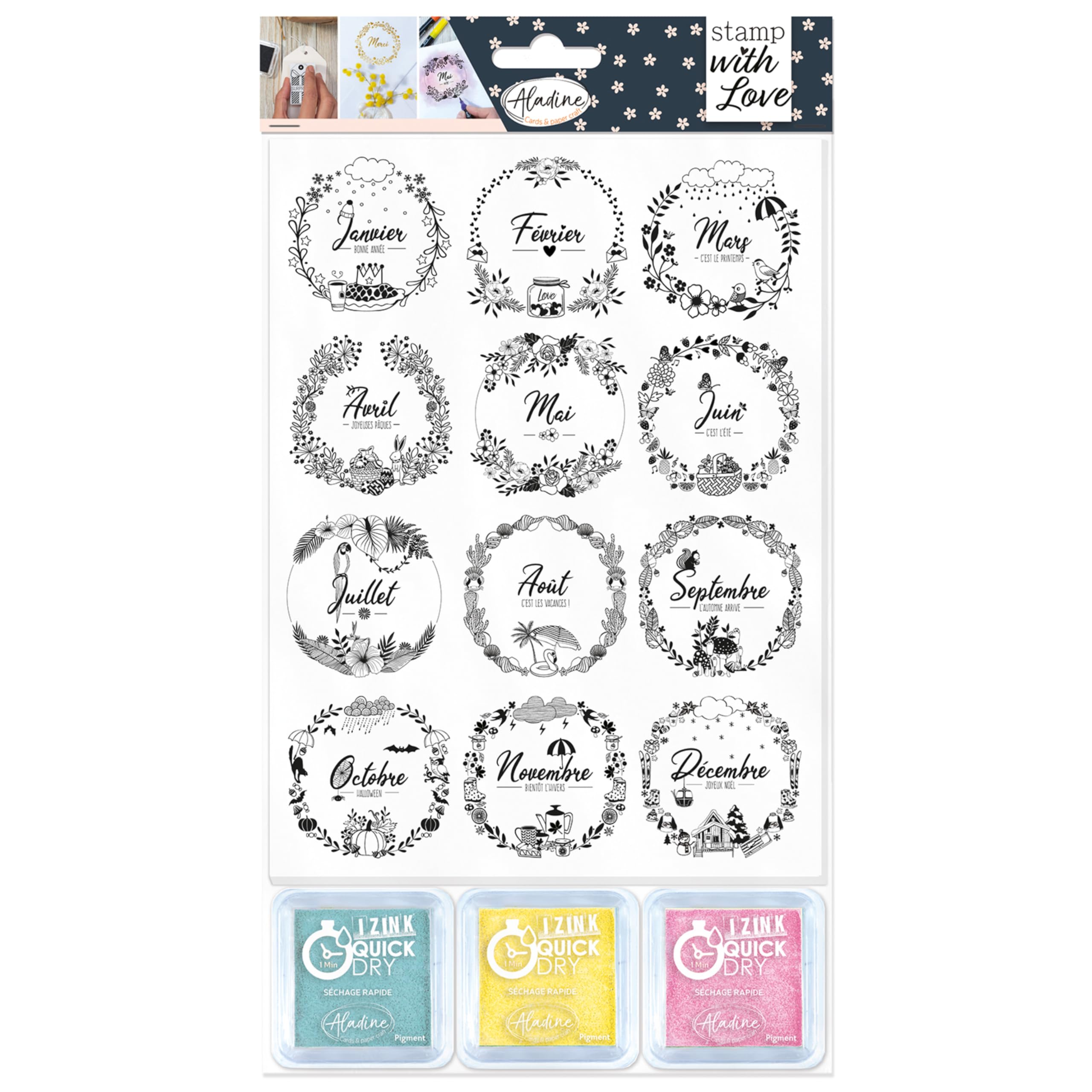 Aladine - Stamp with Love Monthly Crowns - Sheet of 12 Foam Stamps + 3 Ink Pads - Ideal Kit for Personalised Calendars, Notebooks and Bullet Journals