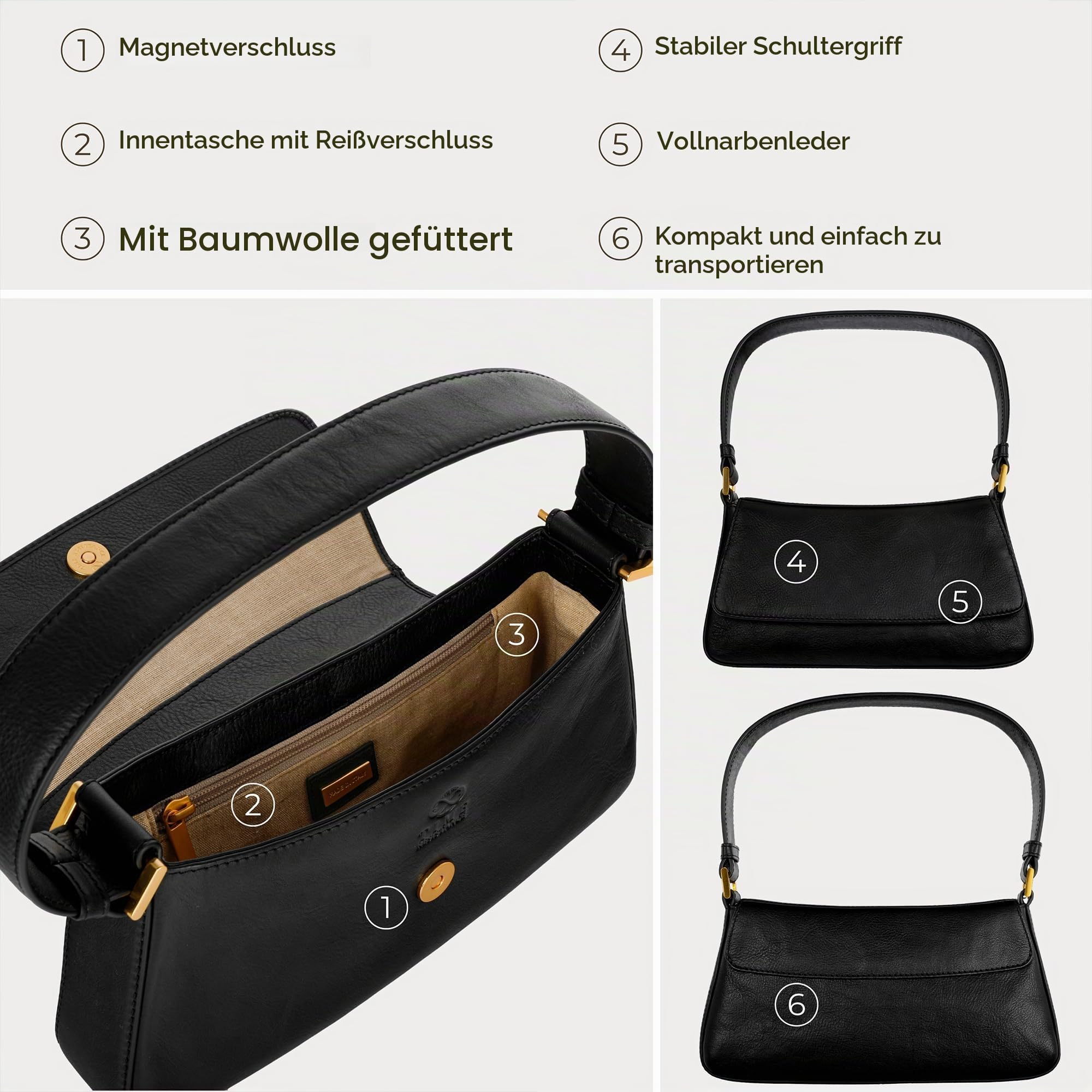 Time Resistance Lederhandtasche - Geldbörse aus Vollnarbenleder für Damen - Umhängetasche