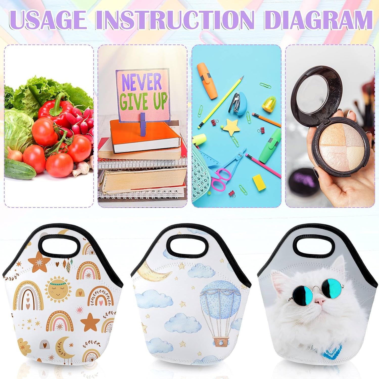 Paterr 24 Pieces Sublimation Blanks Neoprene Lunch Bag Insulated Soft Box Reusable Lightweight Lunch Bag Case Thermal Food Carry Case Handbags with Zipper for Adults Work Travel Picnic DIY, White