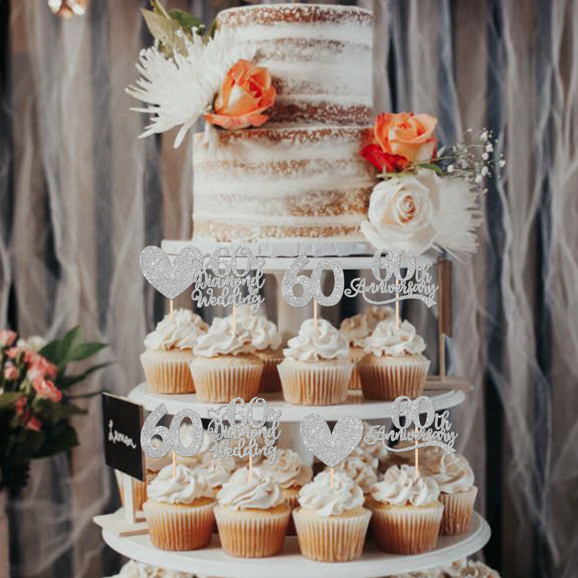 24 Toppers Per Cupcake Numero 60 In Glitter Argento | Decorazioni Per 60° Compleanno E Anniversari - Foto 2