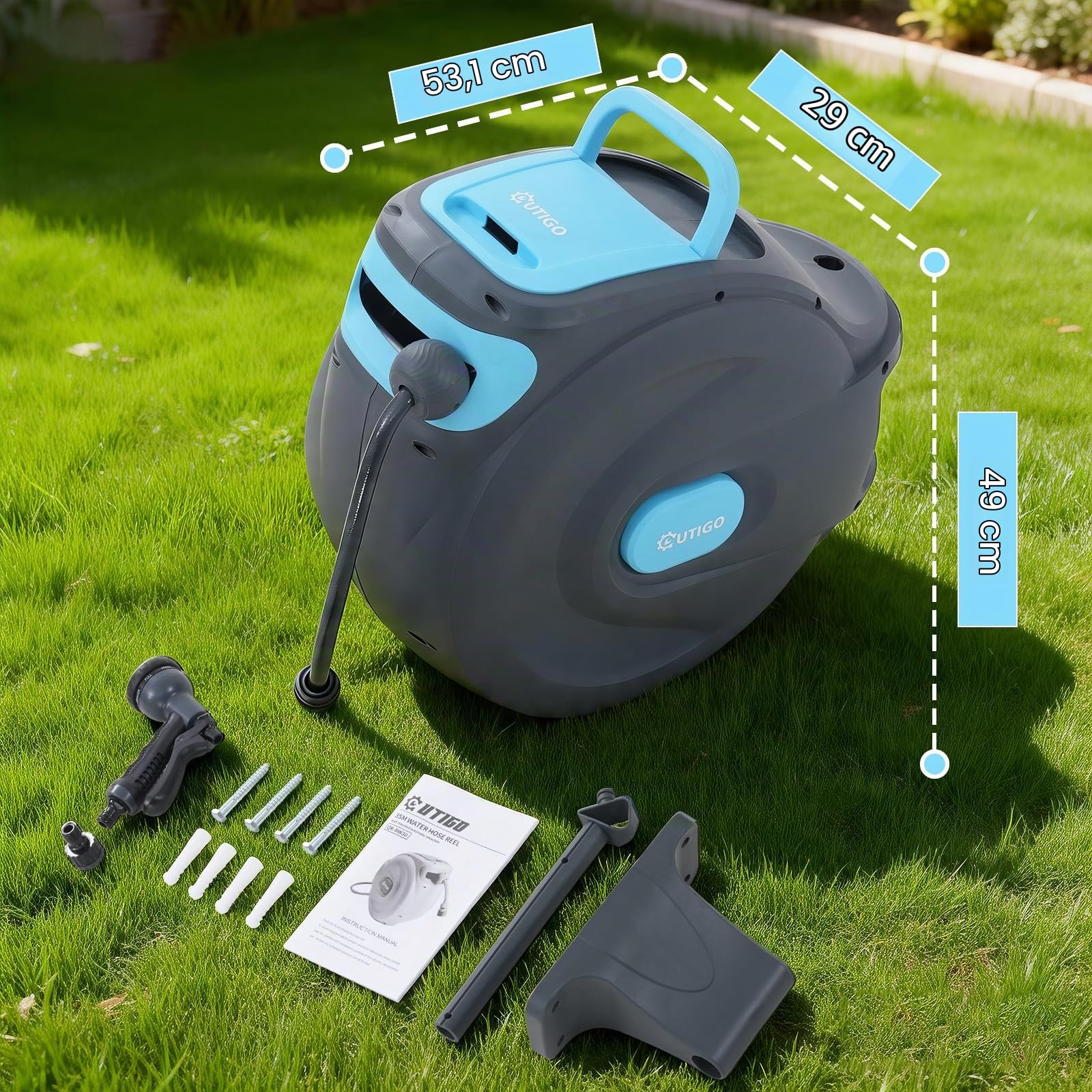 OUTIGO Enrouleur Tuyau Arrosage Mural 35m, Rembobinage Auto avec Verrou et Support Pivotant 180°, Dévidoir de Tuyaux d'Eau avec Buse à 8 Modèles pour Arroser le Jardin et Nettoyer la Voiture