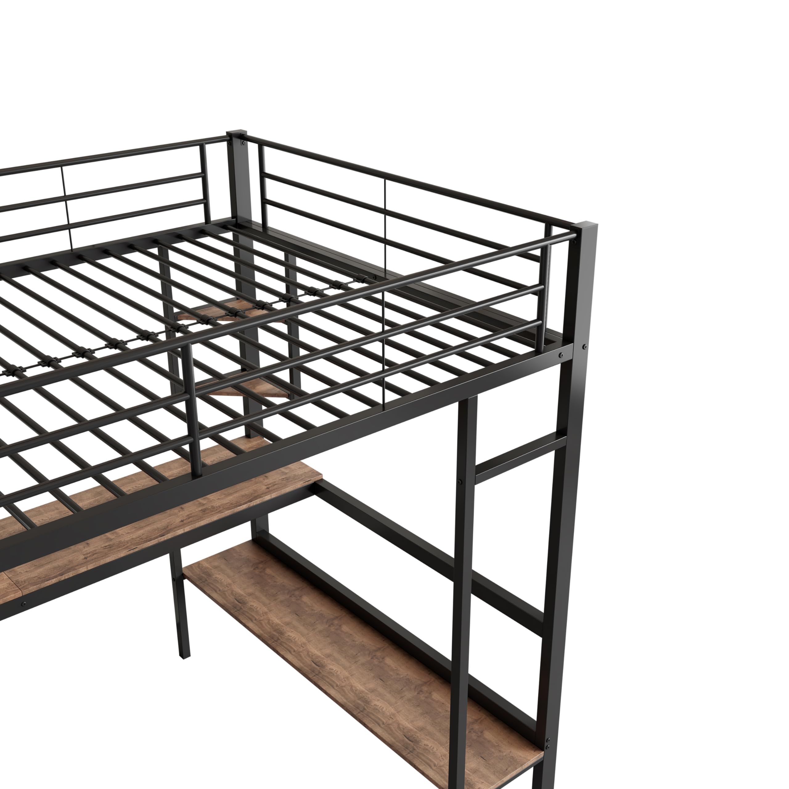 Azkoeesy Letto a soppalco in metallo, 90 x 200 cm, letto alto con scrivania 200 cm, scaffale per libri, per adolescenti e adulti, colore nero (90 x 200 cm)