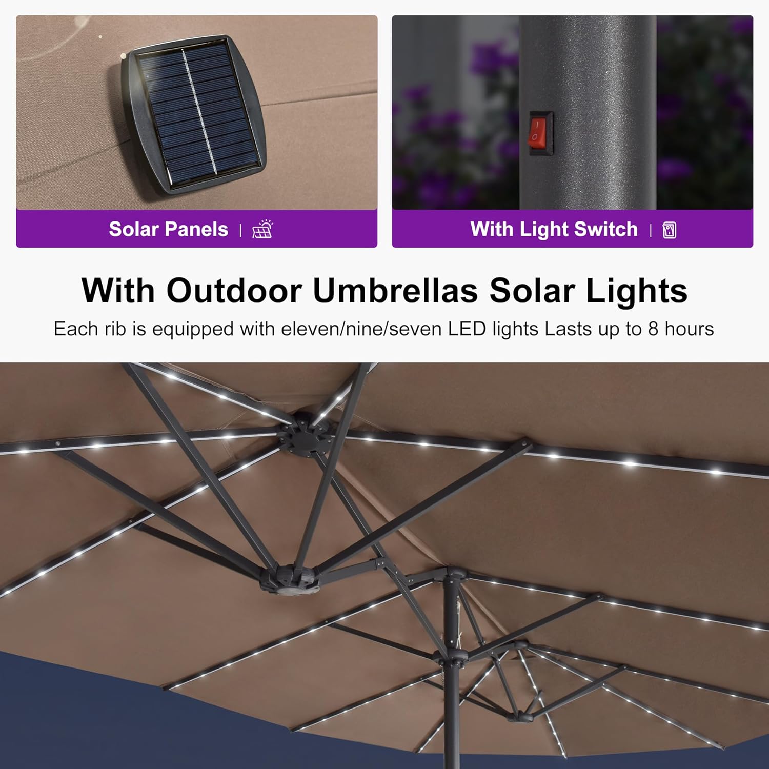 PURPLE LEAF 15ft Double-Sided Patio Umbrella with Base and Solar Lights Outdoor Market Umbrella with Crank Handle Rectangle Umbrella for Backyard Pool Garden Deck, Taupe