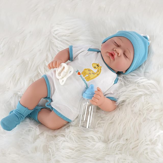 The Magic Toy Shop Bibi Doll - 17" Realistic Reborn Handmade Sleeping / Open Eyes Baby Girl Boy Doll with Pacifier and Milk Bottle (Sleeping Boy)