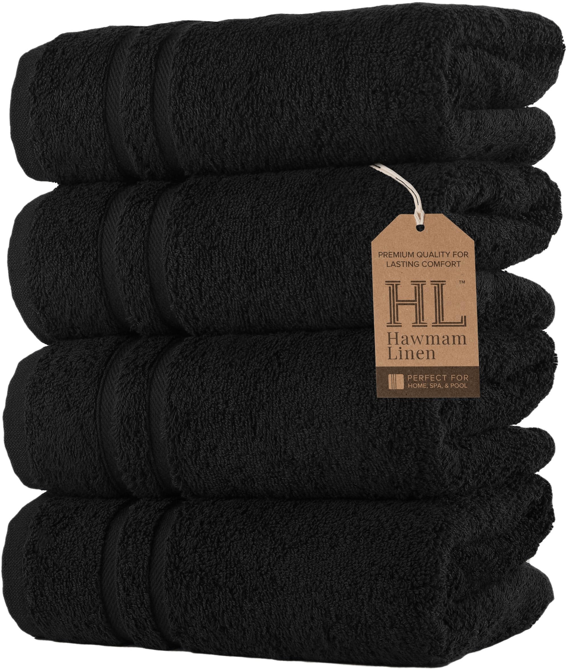 Hawmam Linen Hand Towels for Bathroom, Turkish Cotton, 4 Pack, Black