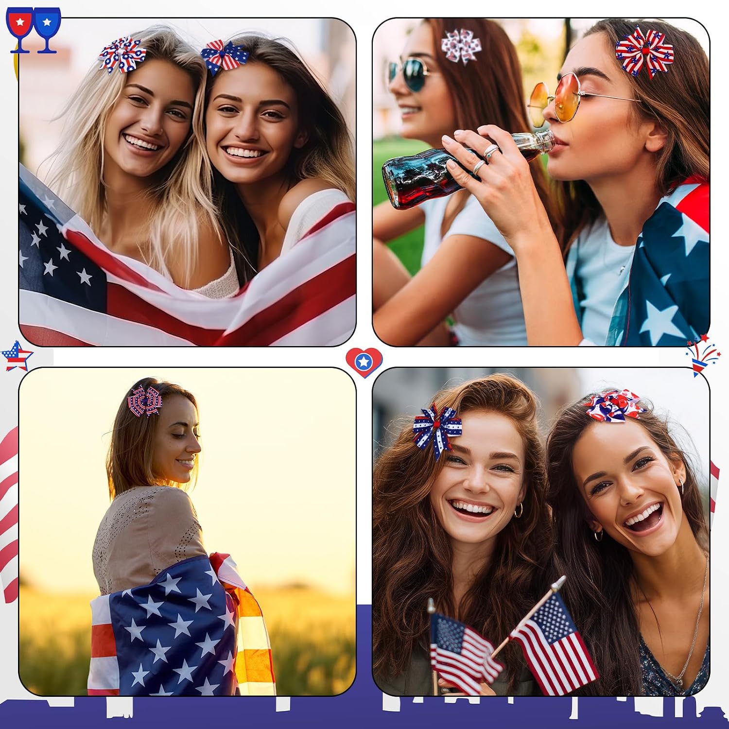 Yingzhao 24 Pcs 4th of July Hair Bows Patriotic Hair Accessories Red White Blue Bows Clips Bulk American Flag Star Bowknot Barrette for Gifts Women 250th Anniversary Labour Day Veterans Day