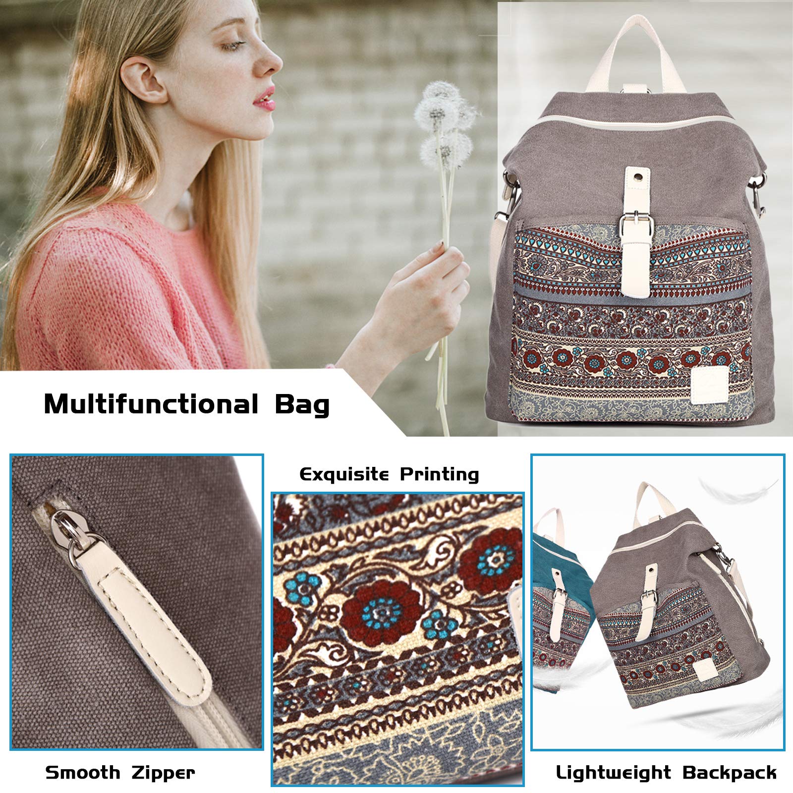 FANDARE Casual Mochila Mujer Bolso de Hombro Niña Bolso Escolar Bolsa Bandolera para Universidad Viajes Compras Citas Backpack Duradero Lona Gris
