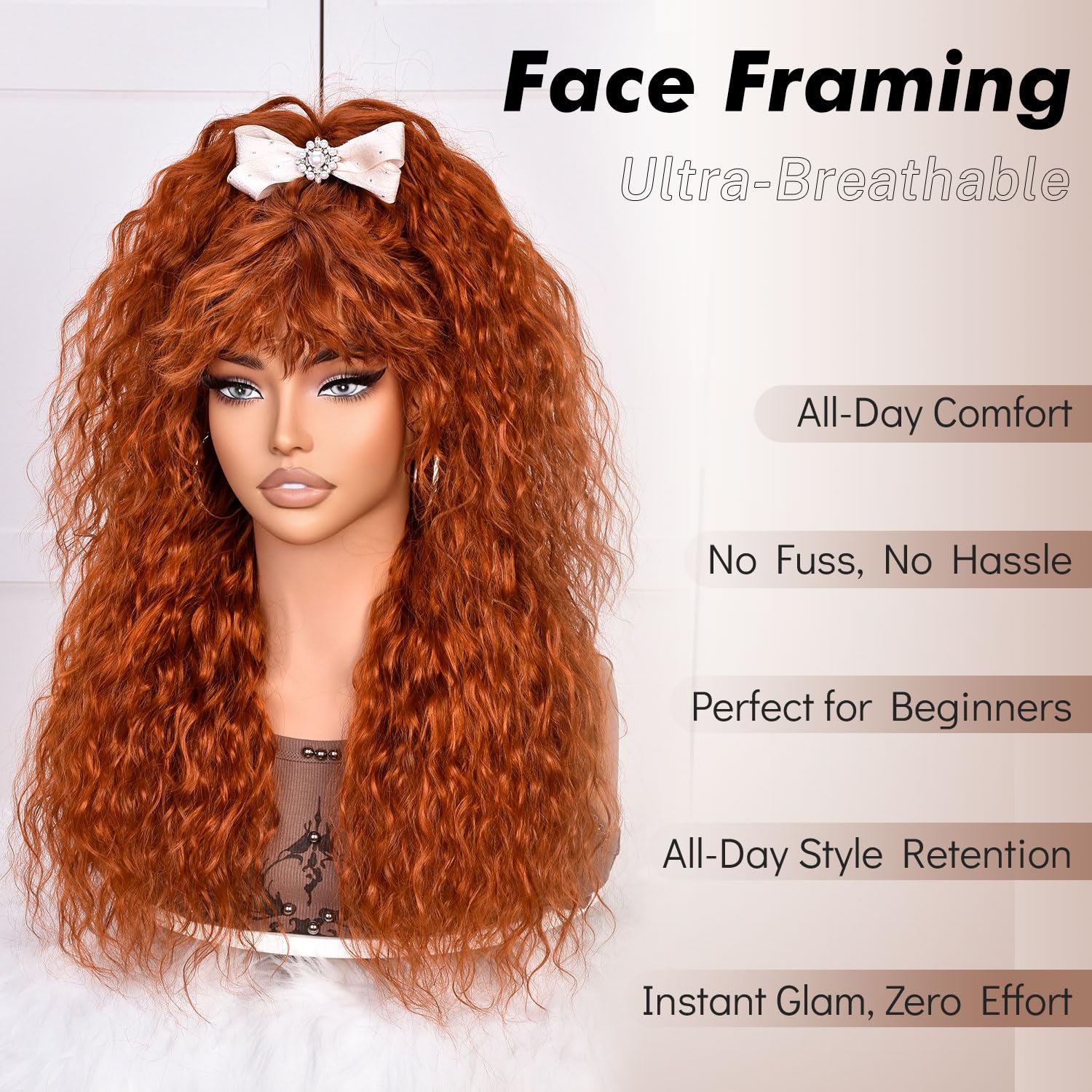 Lizzy 18Inch Curly Human Hair Wigs for Women with Bangs Bouncy Natural Curly Wig 180% Density Long Kinky Curly Hair for Daily Use (giner brown) - Image 3