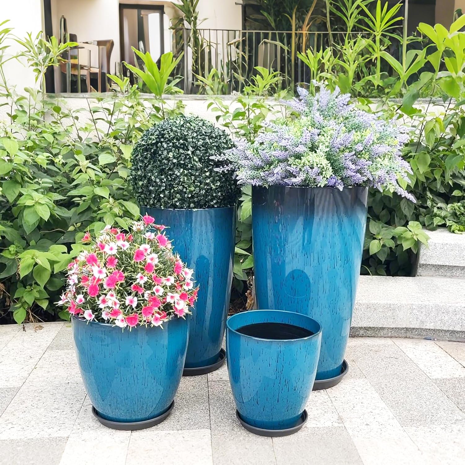 ZMTECH 24/21/12/10" H Large Plastic Planters with Drainage Hole & Saucer, Set of 4 Tall Plant Pots for Indoor/Outdoor Use, Gradient Blue Glossy Smooth Flower Pot for Front Porch Patio Garden