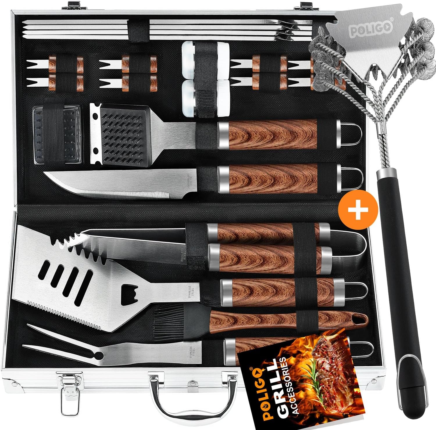 POLIGO Safe Grill Brush and Scraper Bristle Free for All Grill Bundle with 22PCS BBQ Grill Accessories in Aluminum Case - Stainless Steel Grill Utensils Set Ideal Christmas BBQ Gifts for Dad Men