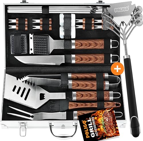POLIGO Cepillo seguro para parrilla y raspador sin cerdas para todas las parrillas, paquete con 22 accesorios para parrilla de barbacoa en caja de