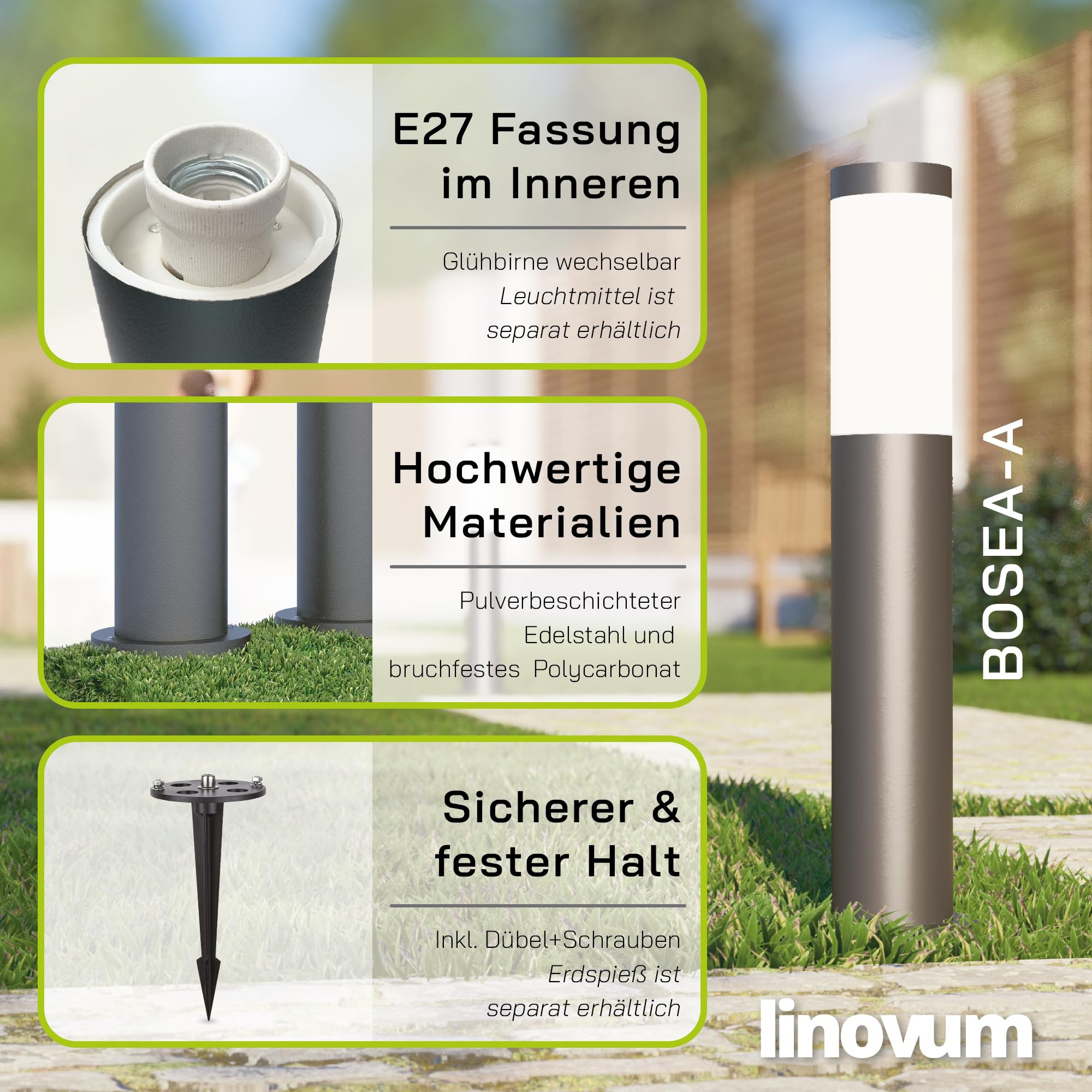 linovum BOSEA-A Pollerleuchte anthrazit 50cm Smart E27 WLAN RGBW IP44 | Standleuchte 50cm mit Smart-Licht - per App steuerbar, RGB-Farblicht, anthrazit für Garten & Wege, IP44, inkl. E27 LED