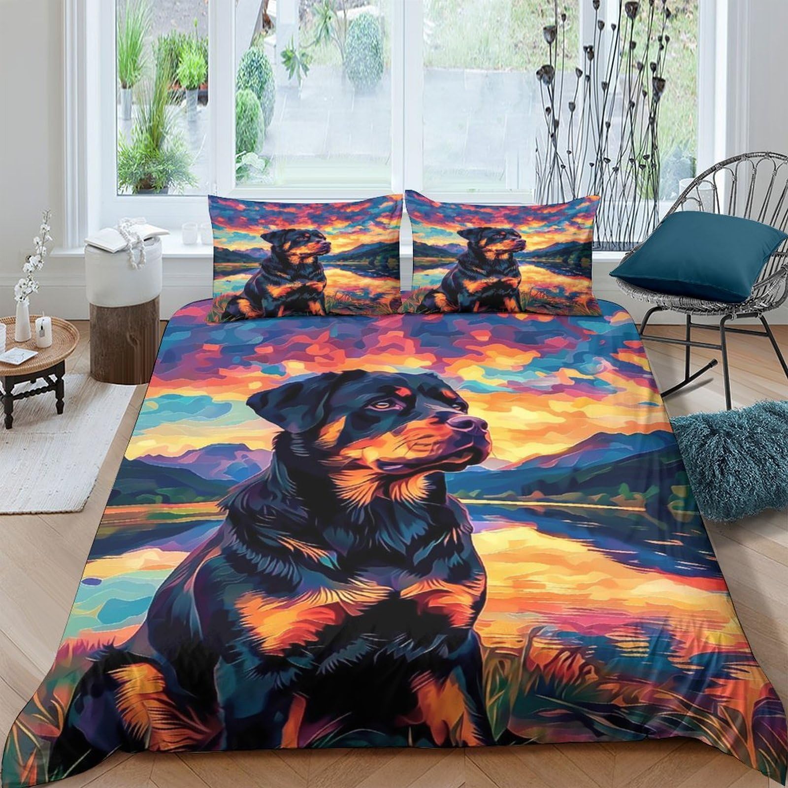 Ctjqhvkz Style-9 3D Printed Rottweiler Art Fitted Sheet Microfiber Soft Durable Sunset Lake Bed Cover For Bedroom Dorm Decor Single（135X200cm）