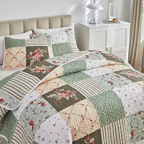 Miniatura 3 de Juego de edredones de retazos tamaño individual  Juego de edredón floral de 2 piezas a cuadros verdes y blancos con flores rosas rojas y rojas,