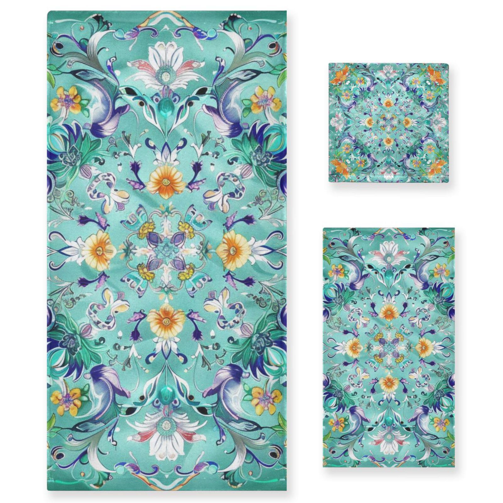 Styl boho kwiat kwiatowy zielony pomarańczowy od stóp do głów ręczniki do twarzy zestaw 3 sztuk, 1 ręcznik kąpielowy 1 ręcznik do rąk 1 myjka do kuchni łazienki jogi siłowni