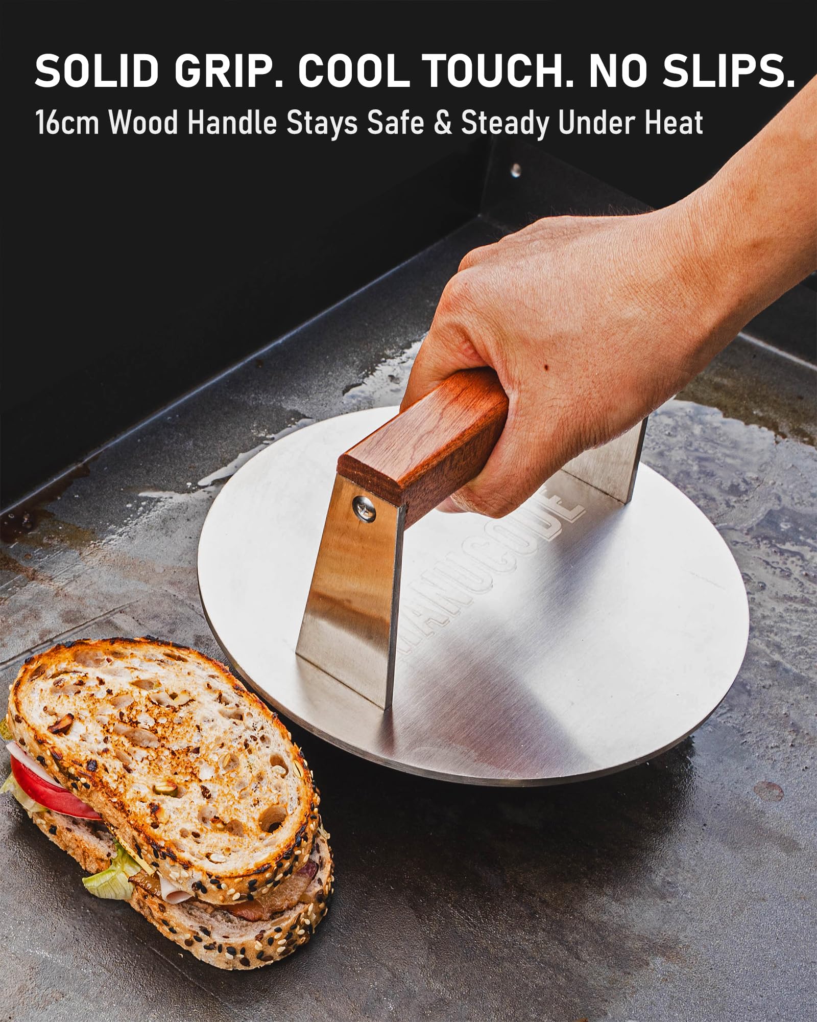 Burgerpresse aus Edelstahl, schweres Speckgewicht mit coolem Buchenholzgriff, rostfrei, vorheizbar für Steak, gegrillte Käsesandwiches und Kochen mit flacher Oberseite (20,5 cm, rund)