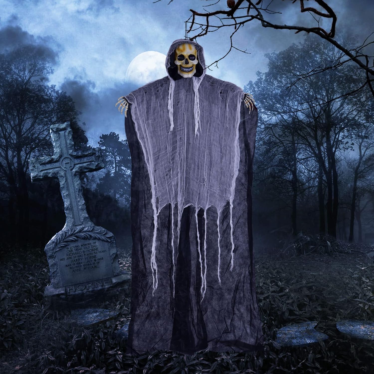 FUN LITTLE TOYS 70 Hanging Grim Reaper Halloween Hanging Ghost in Black and White Horror Robe, Halloween Decorations Outdoor