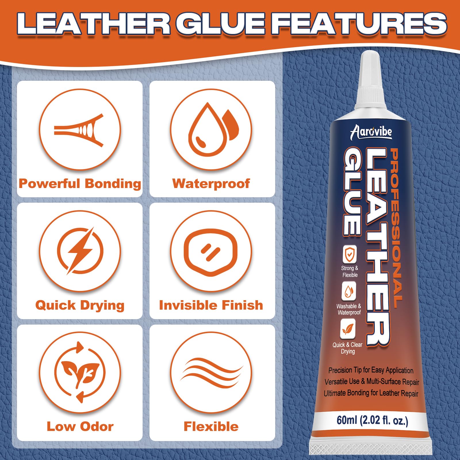 Aarovibe Leather Glue, 60ml Strong & Flexible Leather Adhesive – Waterproof, Quick-Dry & Clear Repair Glue for Shoes, Jackets, Handbags, Sofas, Car Seats & More – Long-Lasting Bond for Durable Fixes