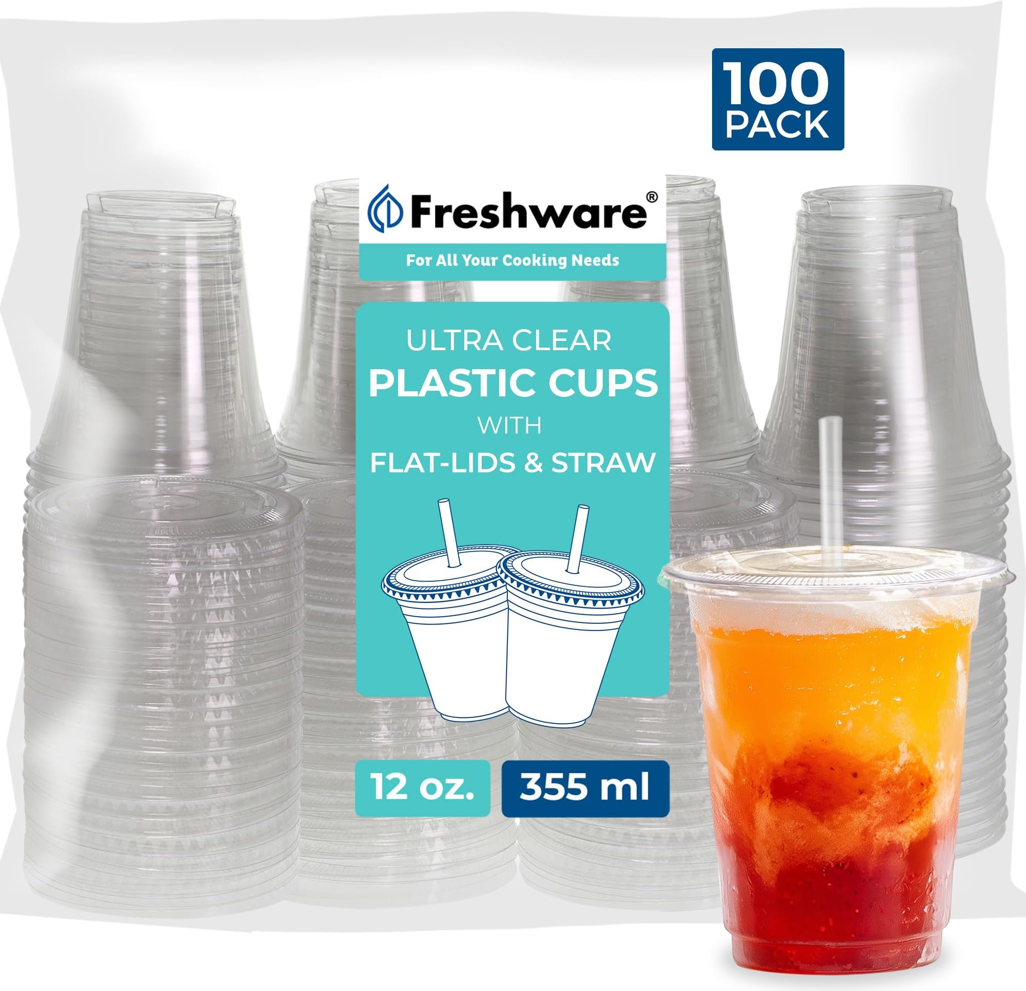 Freshware Clear Plastic Cups with Flat Lids and Straws [100 Cups - 12 oz] Disposable Cups for Iced Coffee, Smoothie, Milkshake, Cold Drinks