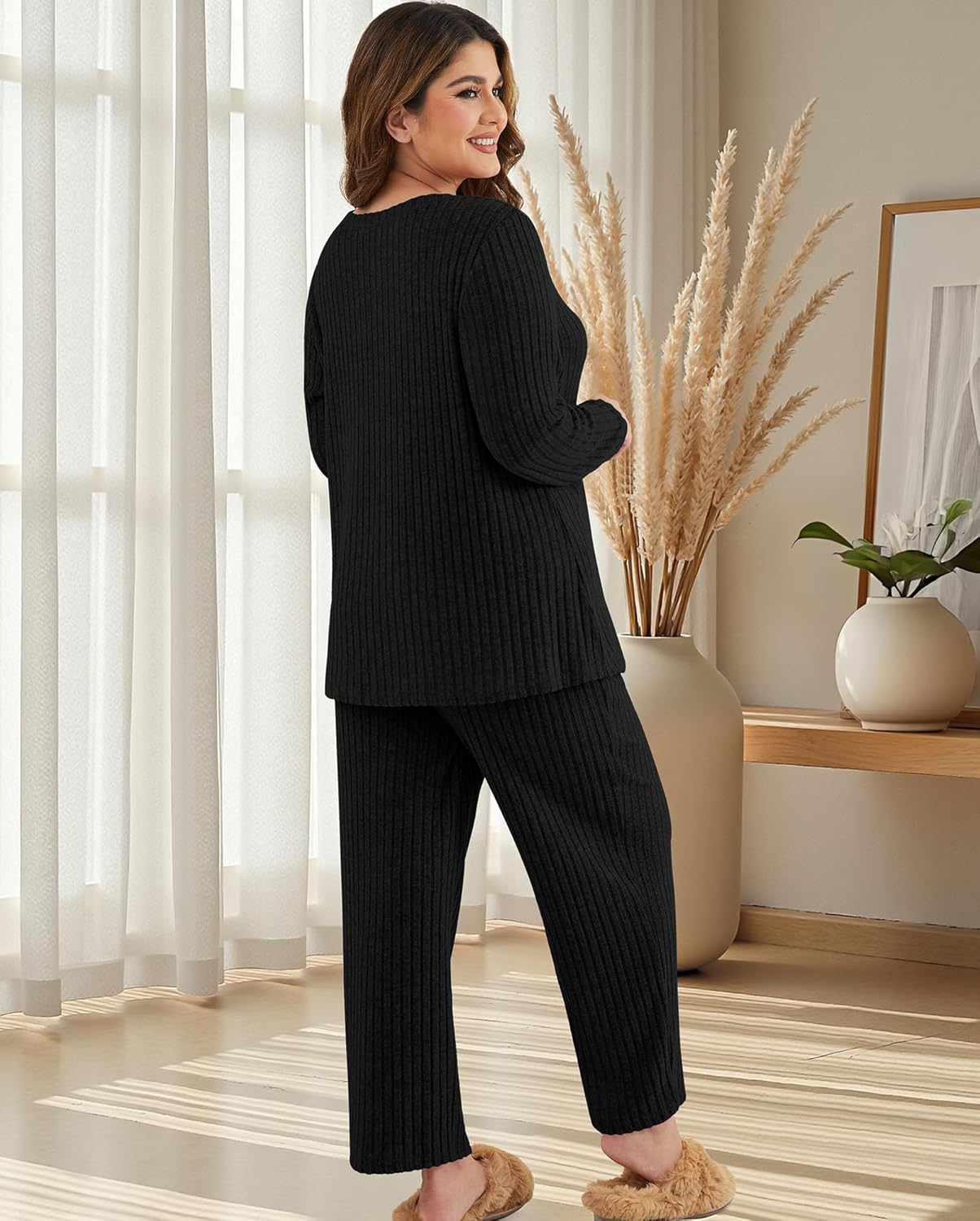 Womens Plus Size Lounge Pajamas 2 Piece Pj Sets Soft Long Sleeve Ribbed Tops Wide Leg Pants with Pockets - Image 6