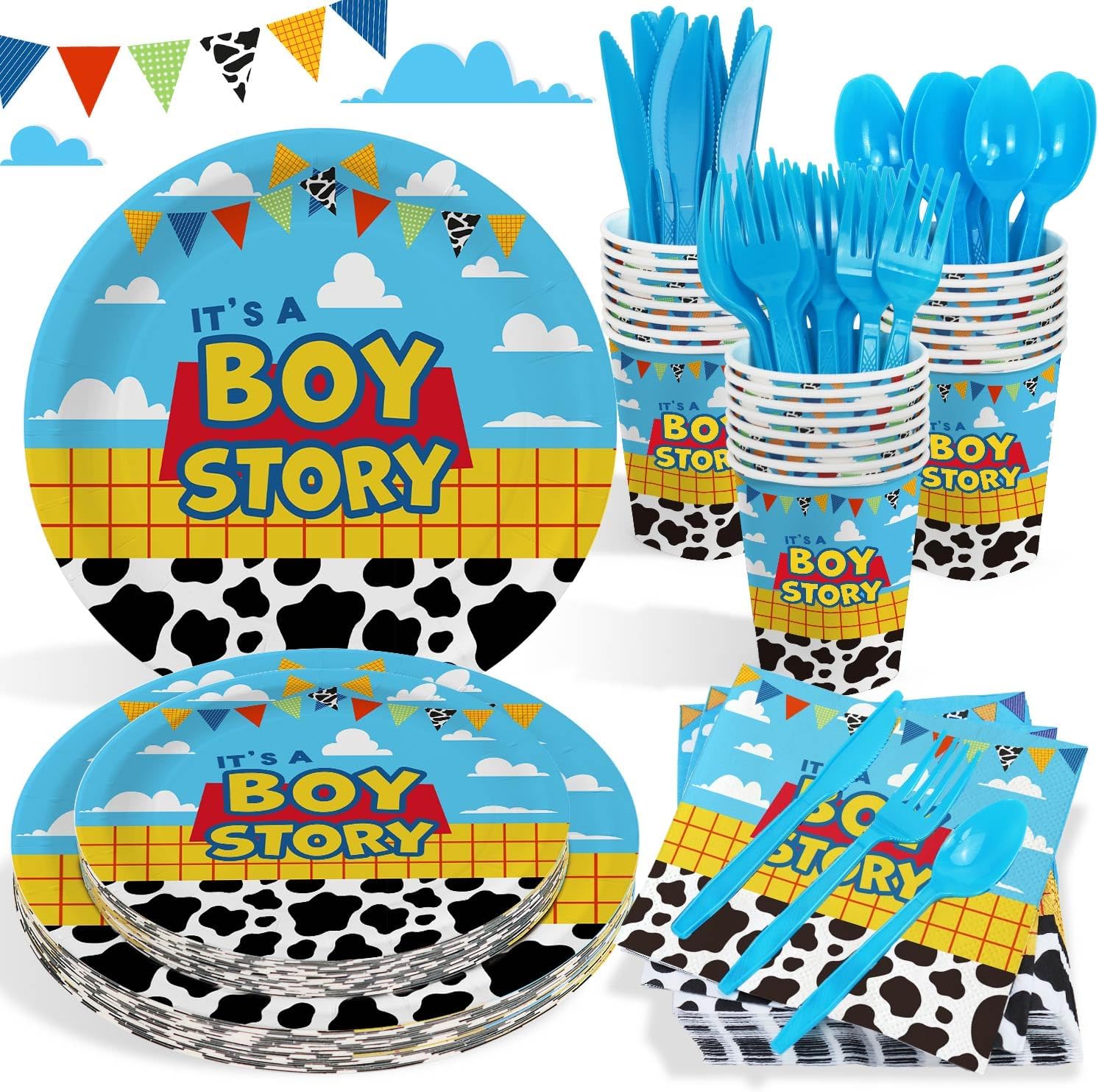 Cartoon Boy Story Baby Shower Decorations Plates 25 Guests,175 Pcs It's A Boy Story Baby Shower Cardstock Paper Plates Napkins Cups Cutlery Set Party Decorations