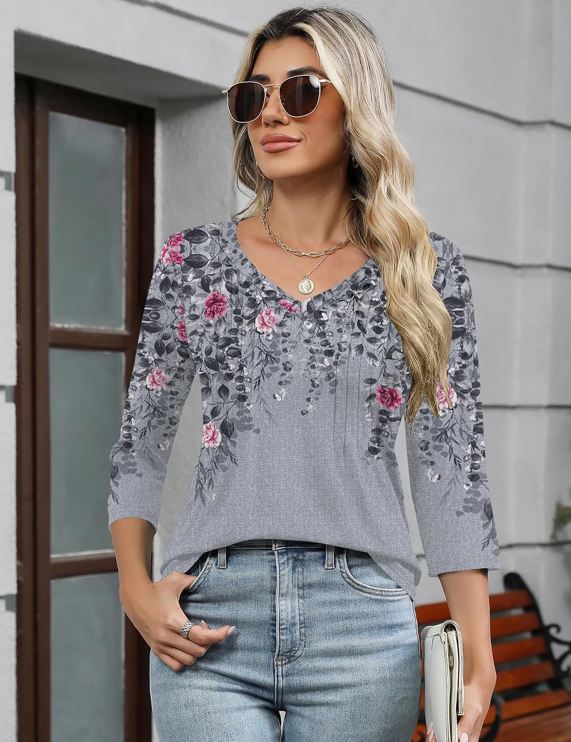 Romanstii Shirts for Women 2026 Spring 3/4 Length Sleeve Womens Tops Dressy Casual Pleated Blouses V Neck Tee Shirts S-3XL