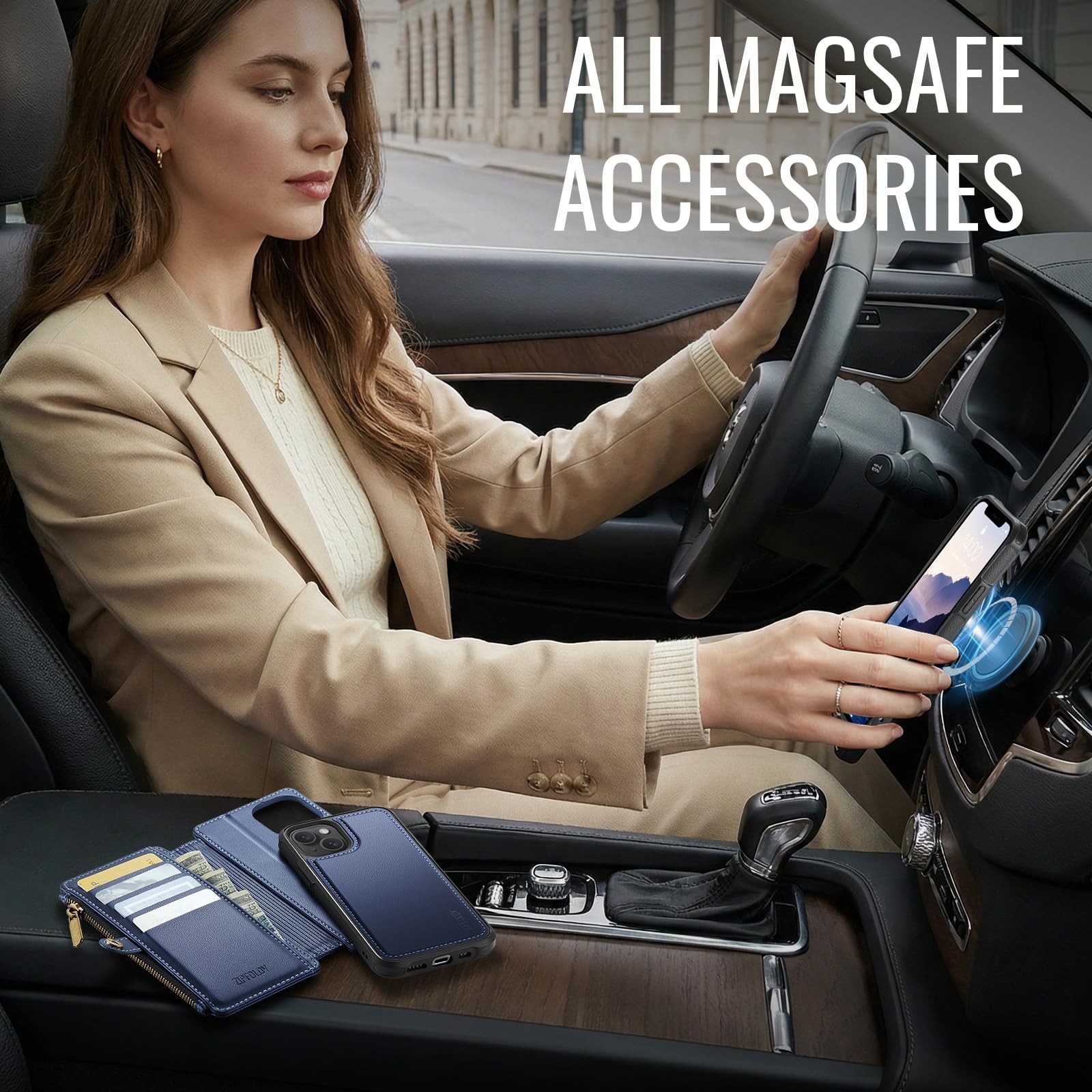 per iPhone 14 - Custodia a portafoglio magnetica staccabile, blu | Compatibile con Magsafe, porta carte di credito con blocco RFID, tasca con cerniera, cinturino da polso